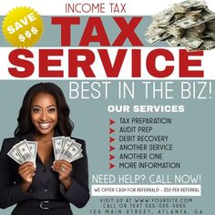 a woman holding cash in her hands with the words tax service best in the biz