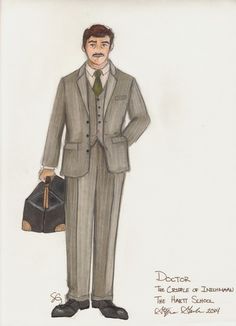 a drawing of a man in a suit and tie holding a bag with his hand on his hip