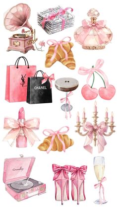 a bunch of items that are on top of a white surface with pink ribbons and bows