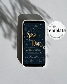 an image of save the date card on a cell phone with space in the background