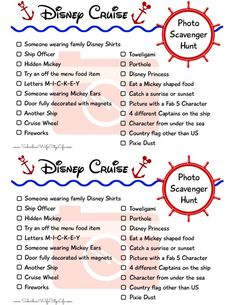 the disney cruise checklist is shown in red and blue