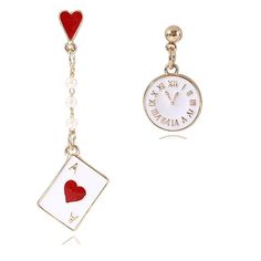 PRICES MAY VARY. Queen of Heart Earrings-These red heart poker earrings are made of alloy,white pearl and enamel red heart. Design--It is based on the pocket watch of Mr. rabbit and the card of Queen of hearts in Alice's Adventures in Wonderland. Asymmetric Clock Poker Earrings--One side of these earrings is clock earrings and another side is poker earrings. GREAT GIFT--These queen of heart jewelry will be a special gifts for womens,teens,girls,mother,daughter,friends,BFF,couples,sister or famil