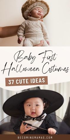 a baby wearing a witches hat with the words baby first halloween costumes 37 cute ideas