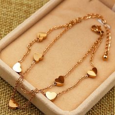 Anklets-Super Lovely Seven Hearts Rose Gold Double Chain Anklet Titanium Steel Anti Allergic Anklet Jewelry Woman Kid Best GiftModel Number:32868259580 Ankle Bracelets Gold, Summer Anklets, Heart Anklet, Gold Anklet, Foot Jewelry, Double Chain, Chain Anklet, Anklet Jewelry, Summer Jewelry