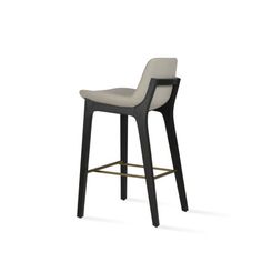 an upholstered bar stool with a black frame and grey fabric seat, viewed from the front