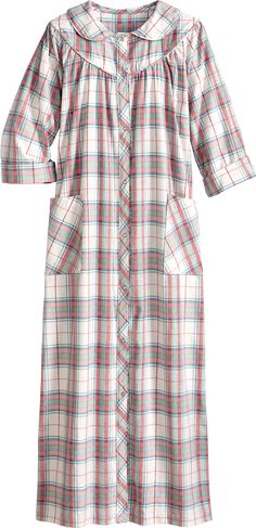 This soft, snugly warm robe is made of luxurious Portuguese flannel, a premium fabric that's considered the best Europe has to offer. It offers the ease of a full-snap front with the plush warmth only found in 100% cotton flannel. The finishing details that'll make this robe a staple in your closet for a long time include pretty pearly snaps, 3/4 sleeves, generous patch pockets, and piping along the Peter Pan collar and yoke. Portuguese flannel is considered some of the highest-quality flannel i Flannel Robe, Vermont Country Store, Peter Pan Collars, Pastel Plaid, Flannel Women, Country Store, Pan Collar, Peter Pan Collar, Cotton Flannel