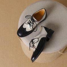 Handmade Cow Leather Color Blocking Full Brogue Oxfords Shoes For Women in Brown/Black Oxfords Shoes, Leather Oxford Shoes, Women Oxford Shoes, Unique Beauty, Leather Texture, Pig Skin, Rubber Heels, Soft Rubber, Shoes For Women