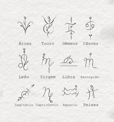 the zodiac signs and their meanings are drawn in ink on paper with some type of writing