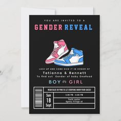 the gender reveal sneaker ball ticket card is displayed on a white surface with a black background