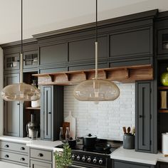 an image of a kitchen setting with grey cabinets