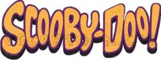 an image of the word scooby doo written in purple and yellow