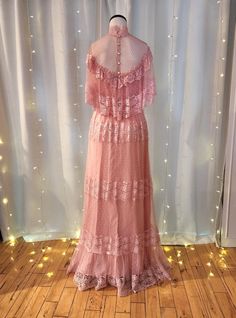 Romantic 1970s Pink Lace Gown, Size 4 - Etsy Pink Lace Bodice Evening Dress For Spring, Pink Lace Prom Gown, Pink Lace Evening Dress, Pink Lace Evening Dress For Prom Season, Pink Lace Evening Dress For Prom, Feminine Evening Gown With Lace Trim, Pink Floor-length Evening Dress With Lace Bodice, Pink Party Dress With Lace Collar, Pink Lace Maxi Dress With Lace Trim