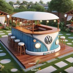 a vw bus bar with stools and tables