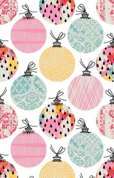 a bunch of different colored ornaments on a white background with black and pink dots in the middle