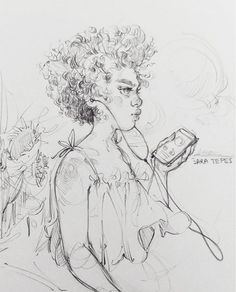 an instagram page with a drawing of a woman holding a cell phone in her hand