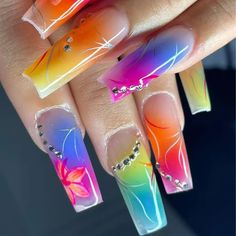 24Pcs Long Press on Nails Colorful Gradient Flower False Nails with Rhinestone Coffin Wearable Gradient Flower, Fake Nail Tips, Nails Colorful, Natural Manicure, Acrylic Glue, Long Press On Nails, Colorful Gradient, Perfect Gift For Girlfriend, Fake Nail