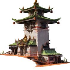 an artistic rendering of a chinese building with stairs leading up to it's roof