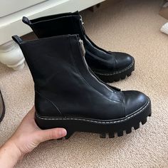 Zipper Front In Brand New Condition. Edgy Platform Boots With Zipper Closure For Spring, Casual Platform Boots With Zipper For Spring, Edgy Boots With Zipper Closure For Spring, Black Boots With Zipper Closure For Spring, Zara Boots, Zara Shoes, Zara Black, Front Zipper, Zara