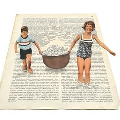 two children are holding hands while standing in front of a bathtub on an old book page