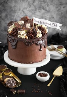 a chocolate cake on a plate with spoons next to it