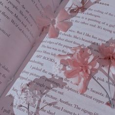 an open book with pink flowers on it and the pages in english are soft white