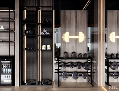 a gym with rows of dumbs and exercise equipment in the back wall, along with shelves filled with personal items