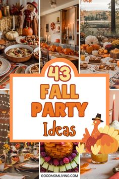 A collage showcasing 43 creative fall party ideas, featuring autumn-themed decorations, seasonal dishes, pumpkins, and festive table settings. Friendsgiving Ladies Night, Friendsgiving Party Decor, Thanksgiving Party Themes, Thanksgiving Tea Party, Fun Thanksgiving Ideas, Friendsgiving Theme Ideas, Kids Friendsgiving, Thanksgiving Theme Party, Friendsgiving Aesthetic