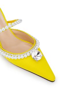 Silk satin heels in yellow. Faux-pearl and crystal-cut detailing at vamp.Pointed toeGrained leather footbed in beigeCovered kitten heel with rubber injectionLeather sole in beigeHeel: H2.5 in Supplier color: Yellow Upper: textile. Sole: leather. Made in Italy. Yellow Low Heel Evening Heels, Yellow Round Toe Heels For Wedding, Yellow Almond Toe Heels For Party, Elegant Yellow Closed Toe Heels, Yellow Low Heel Heels For Formal Occasions, Elegant Yellow Pointed Toe Heels, Formal Yellow Low Heel Heels, Formal Yellow Low Heels, Elegant Yellow Heels With Almond Toe