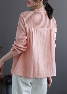 Chinese Style Pink Stand Collar Patchwork Wrinkled Button Cotton Shirts Long Sleeve Blouse Casual Fashion, Kurti Designs Latest, Fashion Design Patterns, Cropped Pants Women, Fashion Tops Blouse, Kurti Designs Party Wear, Shirts Long Sleeve, Trendy Fashion Tops, Designer Dresses Casual