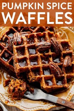 pumpkin spice waffles on a plate with a fork