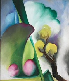 an abstract painting with trees and balls in the foreground, against a blue sky