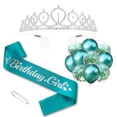 a tiara, balloons and ribbon with the words birthday girl on it next to a tiara