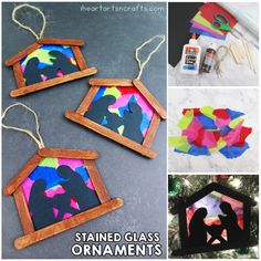 christmas ornament made out of stained glass and wood with silhouettes on it