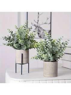 two planters sitting on top of a white table