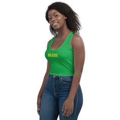 Be ready to show your love for Brazil with these World Cup crop tops! This crop top feature a Brazillian flag print on the back to show your love for Brazil. These are perfect for wearing during the game or as a patriotic top to wear at work or when you're out running errands. Show your love and patriotism with this beautifully crop top. View more Brazil items + PRODUCT DESCRIPTION + 82% Polyester / 18% Spandex Material has a four-way stretch meaning the fabric stretches and recovers at the crot Green Sports Crop Top, Turquoise Car, Crop Tanks, Costume Intero, Athlete Workout, Crop Top Outfits, Cropped Tops, Crop Tank Top, Retro Stil