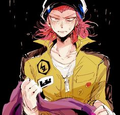 an anime character with red hair and headphones holding a purple object in his hand