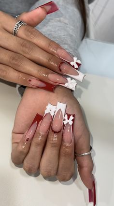 Christmas’s Nail Ideas, Nail Inspo Red Bottoms, Design On French Tip Nails, Red Long Nails Square, Red Long Nail Designs, Birthday Scorpio Nails Ideas, Red Nail Acrylic Designs, Homecoming Red Nails, Red Christmas Acrylics