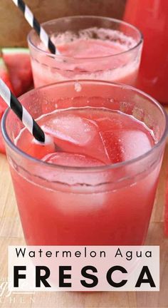 watermelon agua fresca in glasses with black and white striped straws