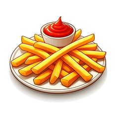 french fries with ketchup on a plate, cartoon style illustration isolated on white background