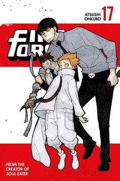 an anime poster with the title from the creator of soul eaterr, featuring two men in