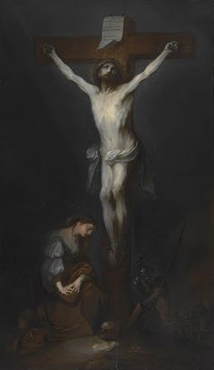 a painting of jesus on the cross with two men kneeling down