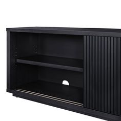 a black cabinet with two shelves on one side and an open door on the other