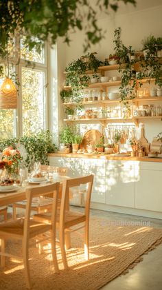 a dining room table and chairs in front of a window with plants on the shelves