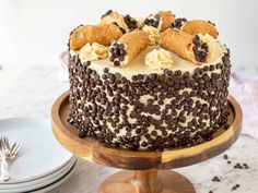 a cake with chocolate chips and cream frosting sitting on a wooden stand next to plates