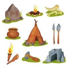 various types of camping equipment in the grass with rocks and firewood on white background