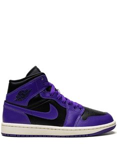 Shop Jordan Jordan 1 Mid "Black/Purple" sneakers Dark Purple Jordans, Dark Purple Sneakers, Purple And Black Shoes, Jordan 1 Mid Purple, Nike Jordans Women, Descendants Dr, Jordan 1 Mid Black, Hogwarts Uniform, Tee Outfits