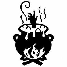 a black and white drawing of a pot on fire with flames coming out of it