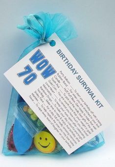 a blue bag filled with toys and a sign that says wow on the top of it