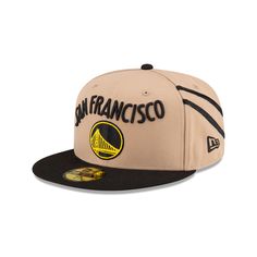 new era san francisco snapback hat in beige and black with the golden state warriors on it