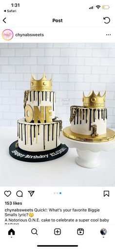 two tiered cake with black and white stripes on top, one has gold crown decorations